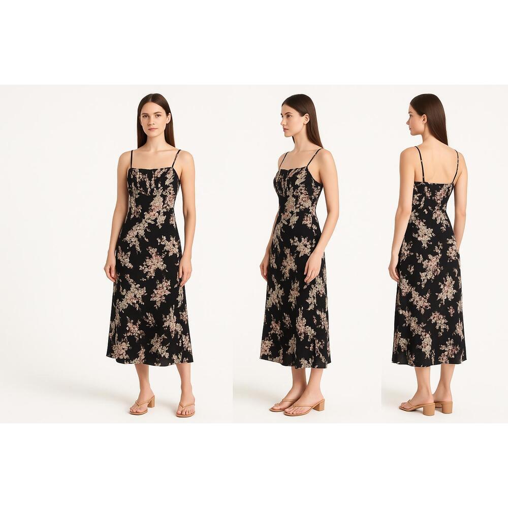 NEW Abercrombie & Fitch Black White Green Floral Sleeveless Midi Dress Size XS